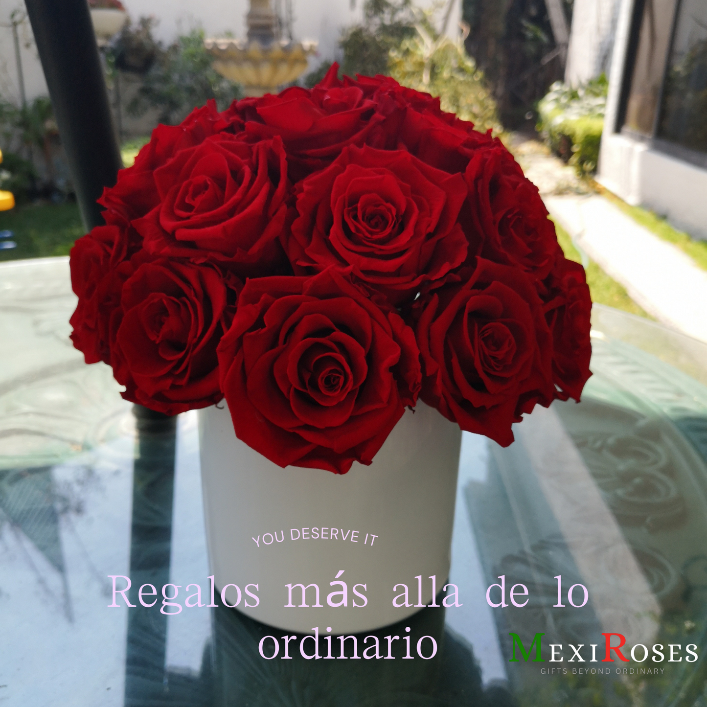 Florero blanco con 23 - 25 rosas preservadas